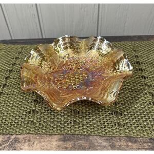 Vtg Imperial Glass Marigold Yellow Grapes & Leaves Carnival Low Ruffled Bowl 9"